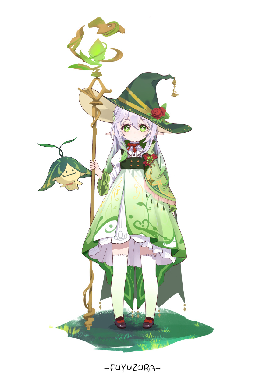 1girl absurdres alternate_costume aranara_(genshin_impact) closed_mouth dress full_body genshin_impact green_dress green_eyes green_headwear hat highres holding holding_staff juliet_sleeves long_sleeves looking_at_viewer nahida_(genshin_impact) neck_ribbon pointy_ears puffy_sleeves red_ribbon ribbon shoulder_cape simple_background solo staff tachi-e thighhighs white_background white_hair white_thighhighs witch_hat ya_danhuang