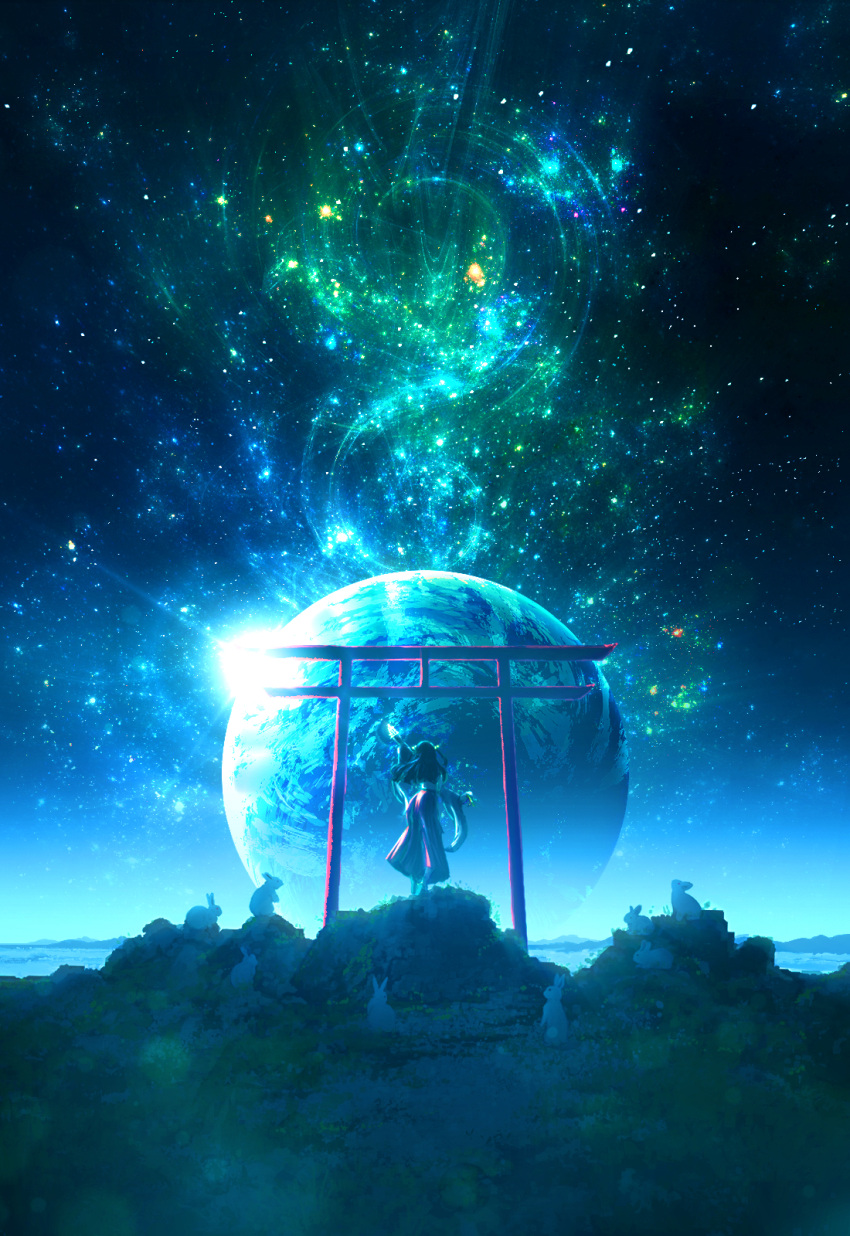 1girl black_hair blue_theme bush fantasy floating_hair from_behind galaxy highres long_hair long_sleeves night night_sky original rabbit red_skirt scenery shoujou_(illust_primete) skirt sky solo space sparkle standing star_(sky) starry_sky torii wide_shot wide_sleeves