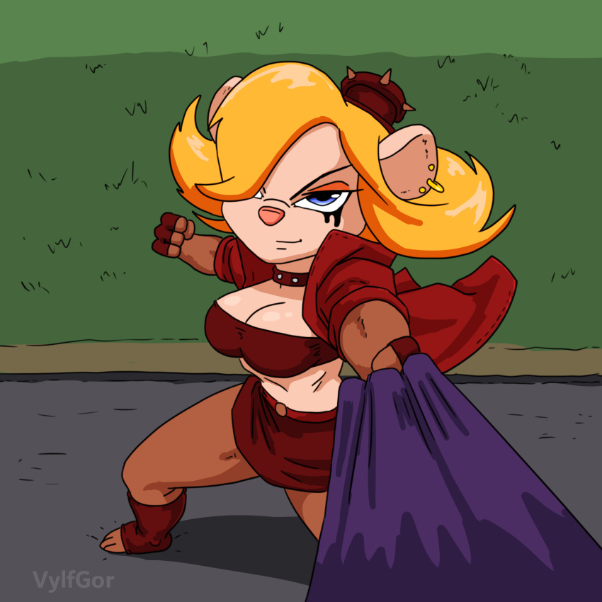 2023 anthro blonde_hair blue_eyes bottomwear breasts chip_'n_dale_rescue_rangers cleavage clothed clothing disney ear_piercing ear_ring eyewear eyewear_on_head female fight fighting_pose fur gadget_hackwrench goggles goggles_on_head grass hair hi_res long_hair looking_at_viewer makeup mammal midriff mouse murid murine navel piercing pink_nose plant pose punch red_clothing ring_piercing rodent skirt solo topwear tube_top vylfgor
