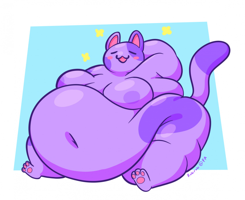 2023 3_toes animal_crossing anthro areola belly belly_overhang big_belly blush bob_(animal_crossing) cel_shading colored deep_navel digital_drawing_(artwork) digital_media_(artwork) domestic_cat eyes_closed fat_rolls feet felid feline felis fur glistening glistening_body glistening_fur hand_behind_head hi_res love_handles male mammal markings moobs morbidly_obese morbidly_obese_anthro navel nintendo obese obese_anthro open_mouth open_smile overweight overweight_anthro pawpads purple_areola purple_body purple_fur purple_markings robirobi shaded signature simple_background sitting smile solo sparkles tail thick_arms thick_calves thick_thighs toes