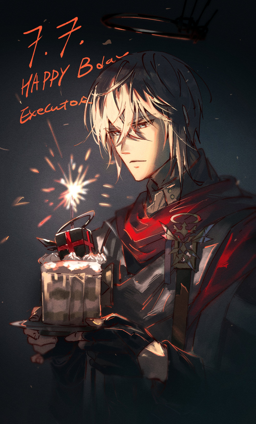 1boy absurdres ahoge arknights birthday_cake black_gloves black_halo black_jacket blonde_hair blue_eyes buttons cake candle candlelight character_name cloak closed_mouth commentary_request cube dated dessert doctahmem executor_(arknights) executor_the_ex_foedere_(arknights) expressionless film_grain fingerless_gloves food from_side gloves grey_background hair_between_eyes halo hands_up happy_birthday high_collar highres holding holding_cake holding_food holding_tray jacket korean_commentary long_sleeves looking_at_object looking_down male_focus mechanical_halo medal messy_hair multicolored_cloak official_alternate_costume red_cloak shade shadow short_hair sidelighting sleeve_cuffs solo tray two-tone_cloak upper_body white_cloak wire