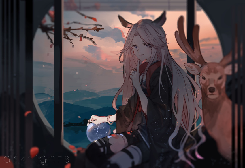 1girl animal_ears arknights black_jacket black_shorts black_thighhighs blonde_hair branch cloud commentary_request copyright_name deer deer_ears feet_out_of_frame finger_to_own_chin gitano_(arknights) gou_haihaihaihai grey_eyes grey_shirt hand_up highres jacket jewelry long_hair open_clothes open_jacket orb parted_lips ring shirt shorts sitting_in_window sky smile solo sunset thighhighs very_long_hair