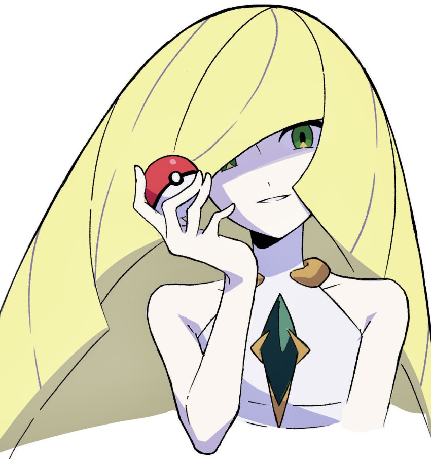 1girl blonde_hair blunt_bangs collar collarbone commentary_request dress green_eyes hand_up highres holding holding_poke_ball long_hair looking_at_viewer lusamine_(pokemon) parted_lips poke_ball poke_ball_(basic) pokemon pokemon_(game) pokemon_sm rii_(mrhc7482) sleeveless sleeveless_dress smile solo upper_body white_background white_dress