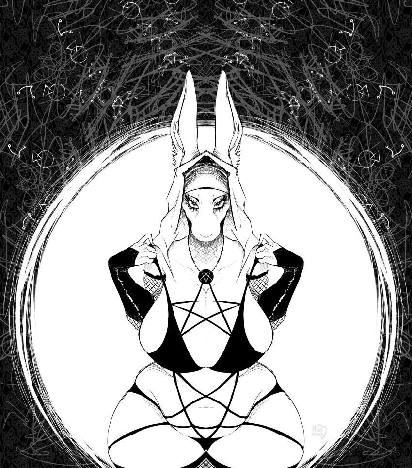 2023 absurd_res anthro armwear big_breasts biped black_and_white breasts clothing female fishnet fishnet_armwear front_view hi_res huge_breasts lagomorph leporid lilly_(waismuth) looking_at_viewer mammal misscaine monochrome nun pentacle pentagram rabbit slightly_chubby slightly_chubby_anthro slightly_chubby_female solo