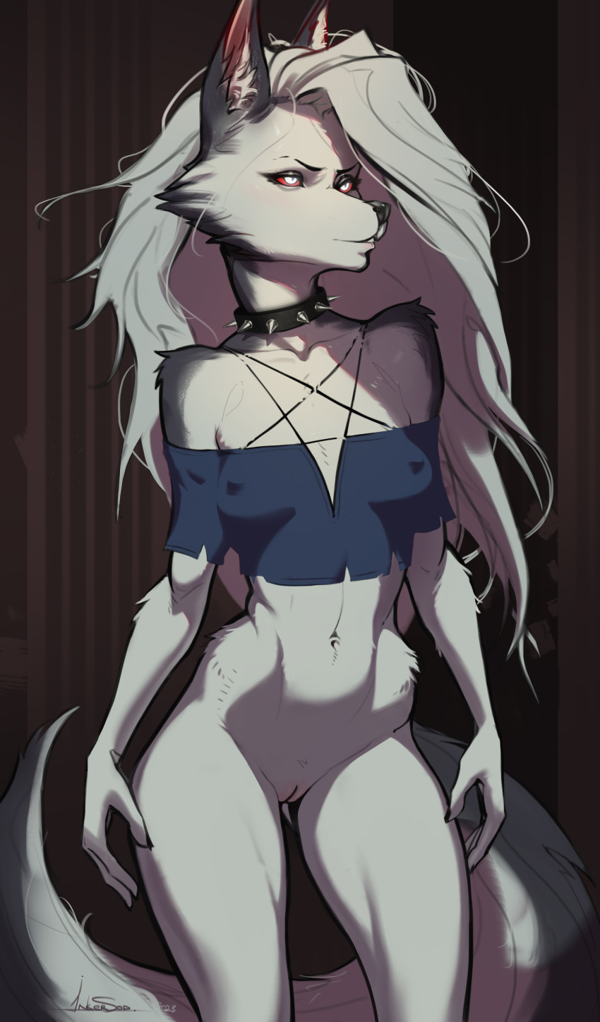 absurd_res anthro canid canine clothed clothing emaciated female flat_chested helluva_boss hi_res hyper_skinny inkersod loona_(helluva_boss) mammal partially_clothed scrawny skinny solo