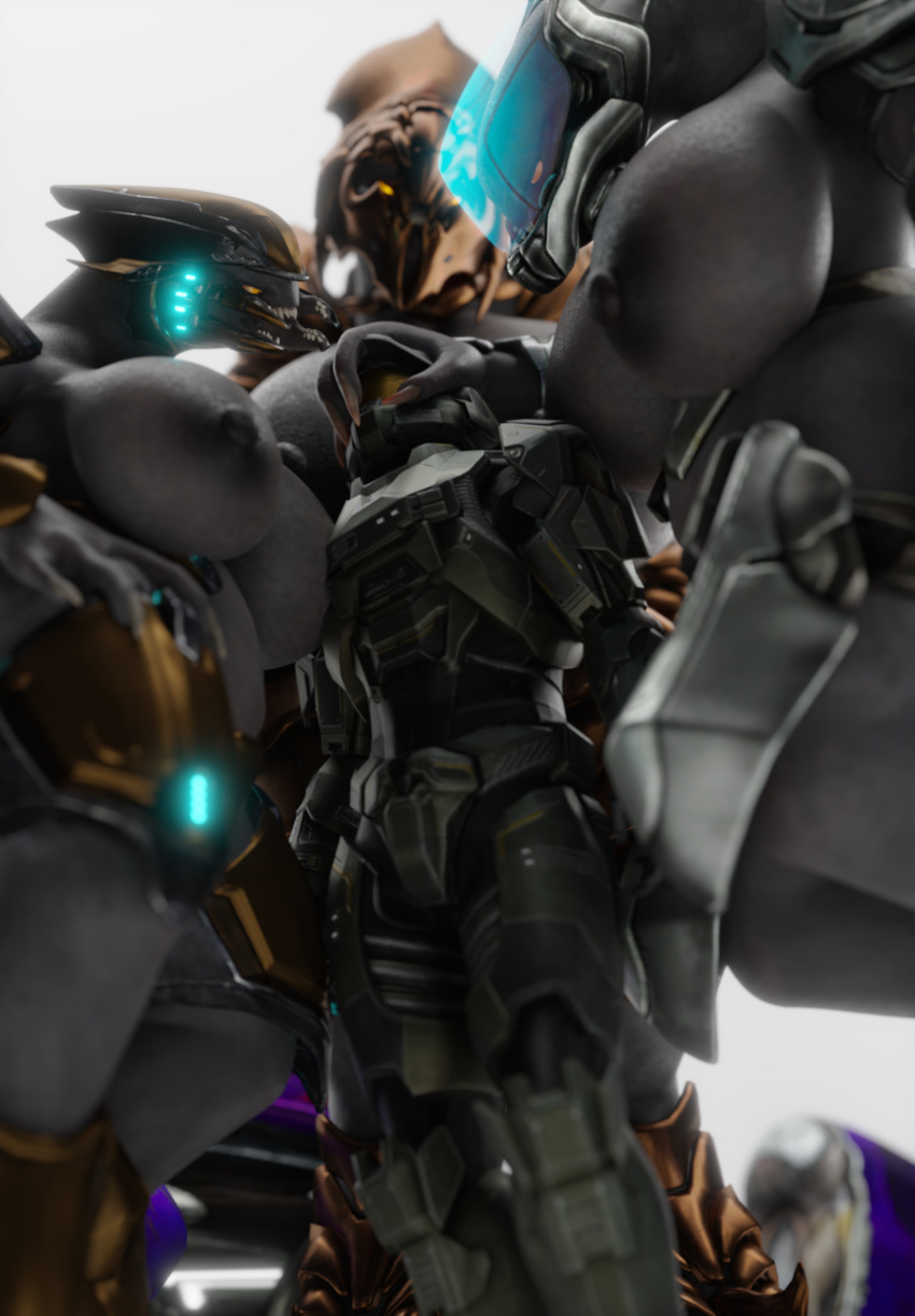 absurd_res alien armor big_breasts breasts evettrox female group halo_(series) hi_res human humanoid larger_female male mammal microsoft sangheili simple_background size_difference smaller_male spartan_(halo) white_background xbox_game_studios