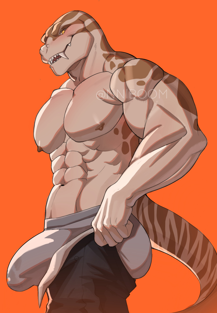 abs alexaboom anthro biceps big_bulge biped black_bottomwear black_clothing black_pants bottomwear brown_markings bulge butt clothing fangs genital_outline hi_res looking_at_viewer male markings muscular muscular_anthro muscular_male navel nipples orange_background orange_eyes pants pecs penis_outline reptile scalie simple_background solo solo_focus standing tail teeth two_tone_tail underwear white_clothing white_underwear