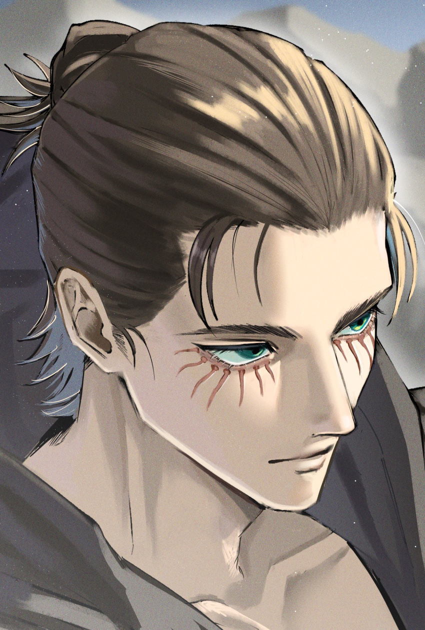 1boy brown_hair closed_mouth collarbone eren_yeager from_above green_eyes hair_bun hair_slicked_back highres hood hood_down male_focus mountain official_alternate_costume official_alternate_hairstyle portrait shingeki_no_kyojin solo sunlight upper_body yofu_(0042_2400)