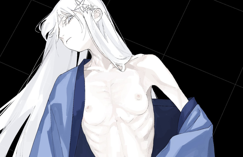 1girl black_background blue_archive blue_kimono breasts closed_mouth collarbone emaciated empty_eyes frown grey_eyes grid_background hair_ornament half-closed_eyes head_tilt highres inverted_nipples japanese_clothes kawatiw kimono long_eyelashes long_hair looking_at_viewer lying nagusa_(blue_archive) naked_kimono off_shoulder on_back open_clothes open_kimono ribs single_bare_shoulder small_breasts solo upper_body white_hair
