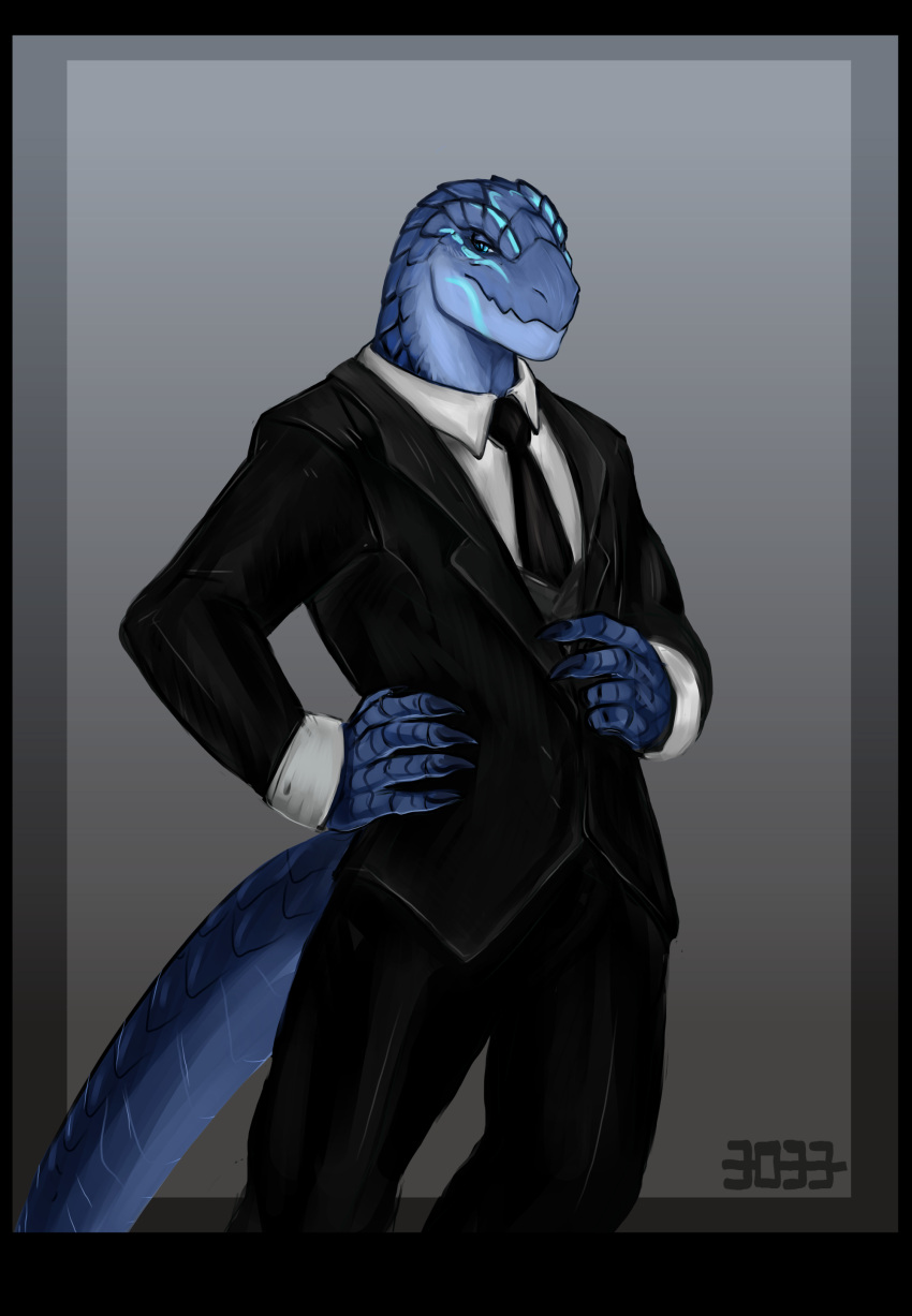 3033 absurd_res anthro black_clothing black_suit clothing crius_(offline_user) hi_res lizardman lizardman_(overlord) looking_at_viewer male markings overlord_(series) scales scalie solo standing suit suit_and_tie tattoo tribal tribal_markings tribal_tattoo