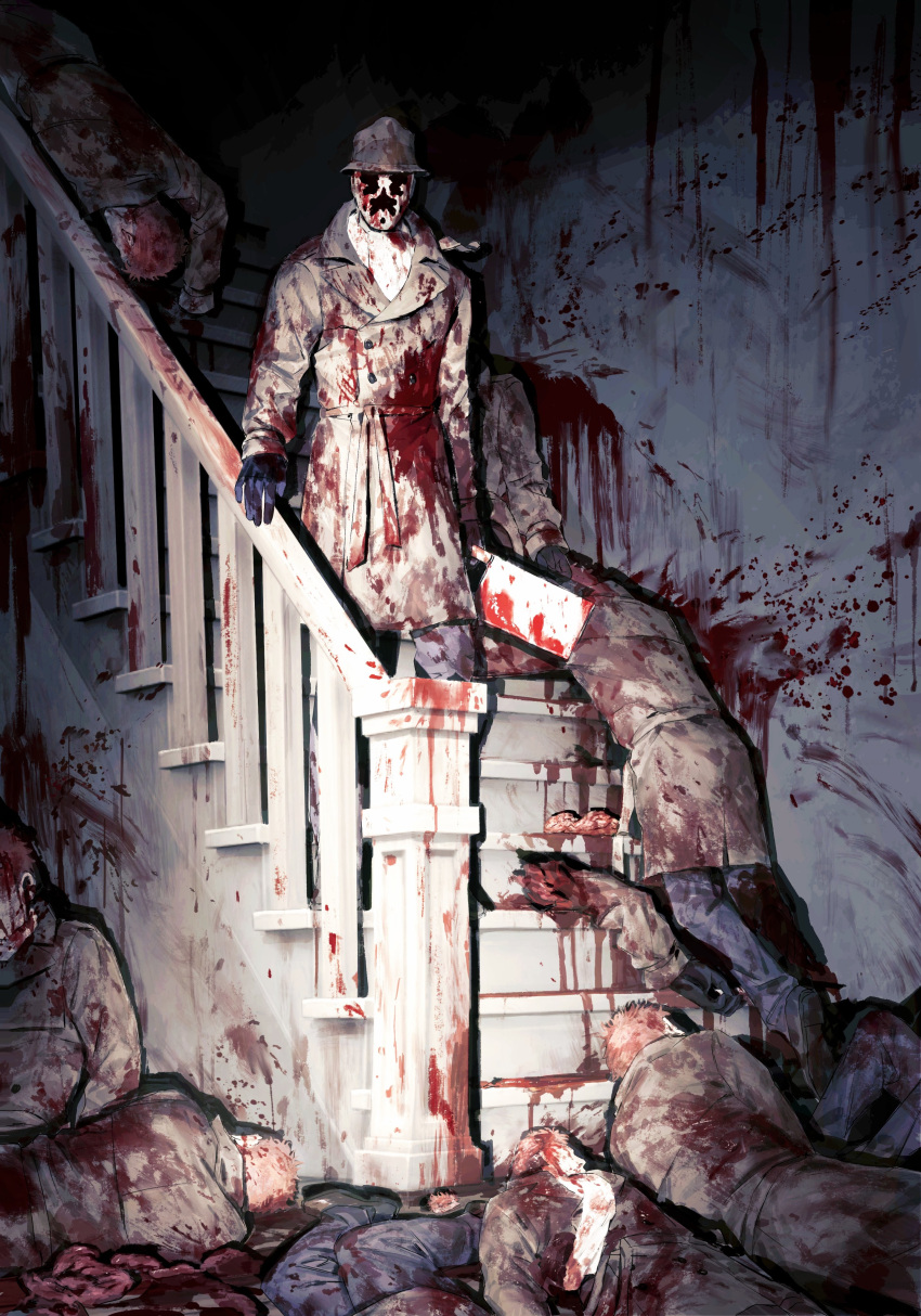 1boy absurdres ascot blood blood_on_clothes blood_on_face blood_on_ground blood_on_hands blood_on_wall blood_on_weapon cleaver facing_viewer fedora fire gloves hat highres indoors inkblot male_focus mask massacre multiple_persona murder red_hair rorschach scarf smoke stairs taocan_shisi_hao trench_coat watchmen weapon