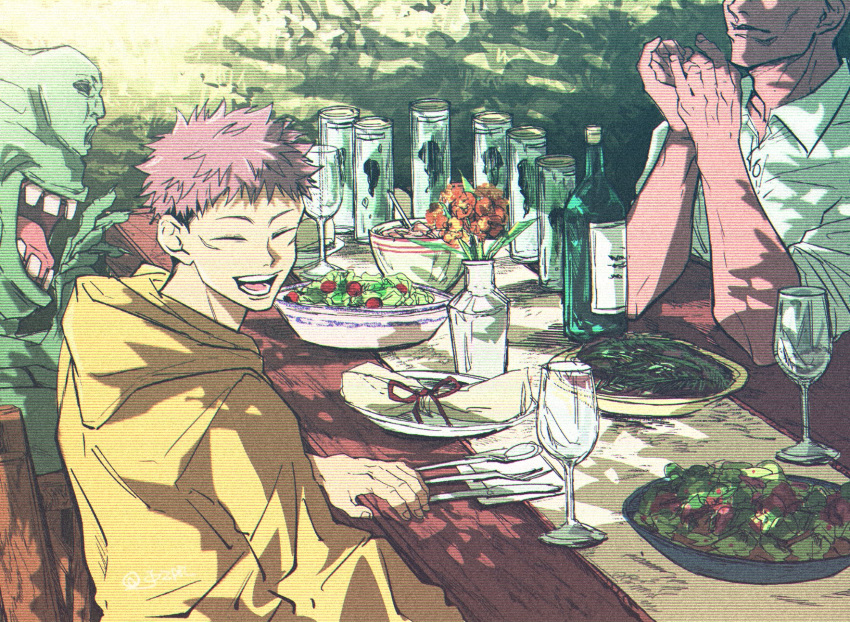 2boys ^_^ black_hair bottle closed_eyes collared_shirt cowboy_shot cup drinking_glass eso_(jujutsu_kaisen) facial_mark flower fork green_background hands_up highres hood hood_down itadori_yuuji jacket jozpic jujutsu_kaisen kechizu_(jujutsu_kaisen) knife monster multiple_boys open_mouth pink_hair plate profile shirt short_hair sitting sleeves_rolled_up smile spoon table teeth undercut vase white_shirt wine_bottle wine_glass yellow_jacket