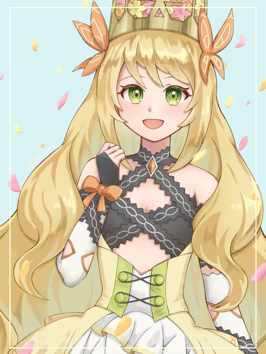 1girl :d bare_shoulders blonde_hair bow butterfly_hair_ornament celine_(fire_emblem) crown detached_sleeves dress fire_emblem fire_emblem_engage flat_chest flower green_eyes hair_flower hair_ornament highres long_hair looking_at_viewer open_mouth orange_bow oyusame petals smile solo upper_body very_long_hair wrist_bow yellow_dress