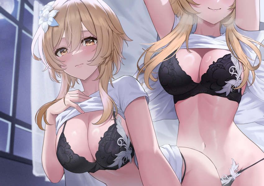 1girl arms_up ayul_(ayulneri_92) black_bra black_panties blonde_hair blush bra breasts cleavage closed_mouth clothes_lift curtains flower genshin_impact hair_flower hair_ornament highres large_breasts looking_at_viewer lumine_(genshin_impact) medium_hair multiple_views navel panties shirt shirt_lift short_sleeves sidelocks smile underwear white_shirt window yellow_eyes