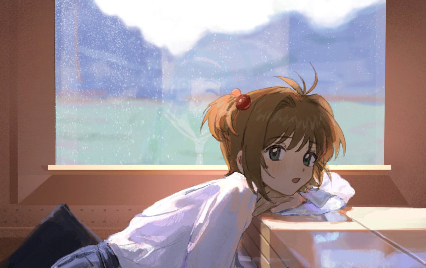 2girls blush brown_hair cardcaptor_sakura daidouji_tomoyo green_eyes hairband highres kinomoto_sakura ling5707 multiple_girls open_mouth pink_hairband reflection sailor_collar school_uniform sunlight tomoeda_elementary_school_uniform video_camera white_sailor_collar window