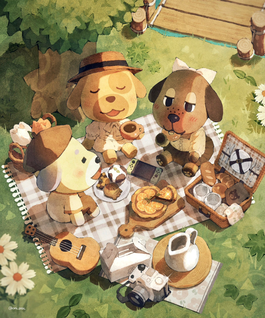 3girls animal_crossing bea_(animal_crossing) blush bridge camera closed_eyes cup daisy_(animal_crossing) day dog_boy dog_girl doughnut eating flower food furry furry_female goldie_(animal_crossing) grass handheld_game_console hat highres instrument kaji_(oni_atat) long_sleeves multiple_girls nintendo_switch open_mouth orange_flower outdoors pants picnic picnic_basket plate shirt short_sleeves sitting skirt tree tulip white_flower