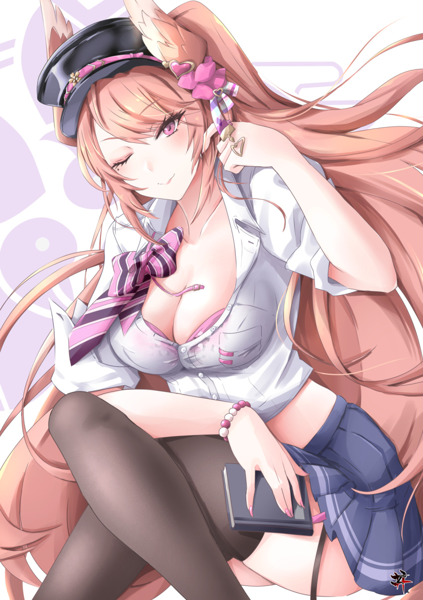 1girl azur_lane black_headwear black_thighhighs bra bra_peek breasts cleavage feet_out_of_frame gudon_(iukhzl) hair_ornament hat heart heart_hair_ornament highres large_breasts looking_at_viewer midriff miniskirt mole mole_under_eye nachi_(azur_lane) nachi_(retrofit)_(azur_lane) one_eye_closed orange_hair partially_unbuttoned peaked_cap pink_bra pink_eyes pleated_skirt purple_skirt sakura_empire_(emblem) shirt short_sleeves sitting skirt solo thighhighs underwear white_shirt