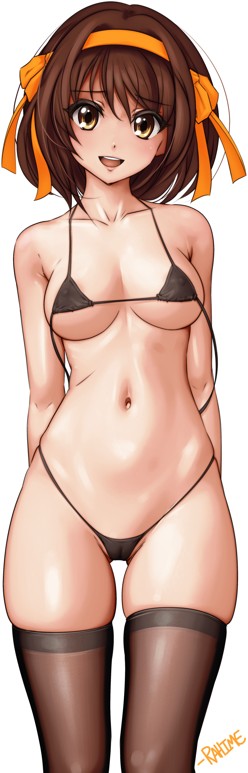 absurdres bikini breasts brown_eyes brown_hair english_text happy highres knees large_breasts legs micro_bikini milestone_celebration navel nervous open_mouth rahime ribbon signature skindentation smile suzumiya_haruhi suzumiya_haruhi_no_yuuutsu swimsuit thighhighs topless wide_hips