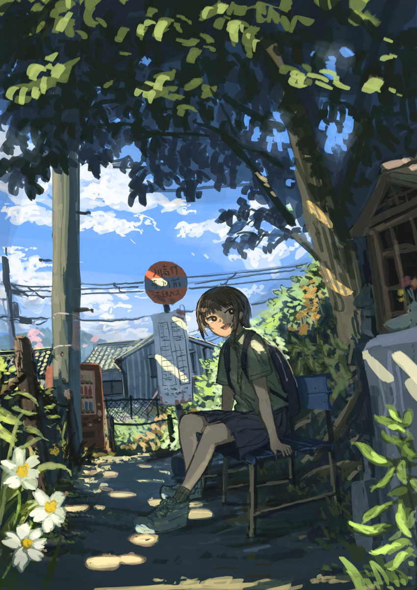 1girl absurdres anko1127 blue_sky bright_pupils bus_stop bus_stop_sign cloud cloudy_sky commentary_request dappled_sunlight day flower flower_request from_side highres house looking_to_the_side on_bench open_mouth original outdoors power_lines scenery shade short_hair shrine sitting sky smile solo sunlight town tree utility_pole vending_machine white_flower white_pupils wide_shot
