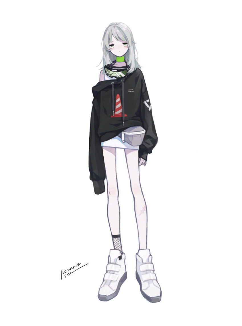 1girl arms_at_sides black_hoodie closed_mouth collar commentary_request drawstring dress english_text fanny_pack full_body fuyuu_rei goggles goggles_around_neck green_collar green_eyes grey_hair highres hood hoodie jitome konnoita long_hair long_legs looking_at_viewer off_shoulder official_art print_hoodie sanpaku scar scar_on_leg short_dress signature simple_background sleeveless sleeveless_dress solo tachi-e tearing_up text_print traffic_cone utau white_background white_dress