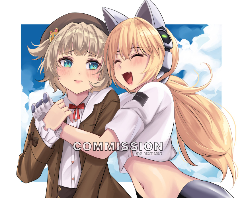 2girls absurdres alte_27 animal_ears betty_(girls'_frontline_nc) blonde_hair blue_eyes blush brown_jacket cat_ears closed_eyes commentary commission english_commentary fake_animal_ears fang girls'_frontline girls'_frontline_neural_cloud hair_ornament highres hug idw_(girls'_frontline) jacket jessie_(girls'_frontline_nc) light_brown_hair long_hair m1897_(girls'_frontline) midriff multiple_girls navel open_mouth shirt short_hair skin_fang sky_background smile upper_body white_shirt