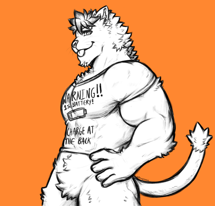 absurd_res anthro clothing dynogreeno felid feline fur hands_on_hips hi_res male mammal muscular muscular_anthro muscular_male pantsless shirt simple_background solo tongue tongue_out topwear
