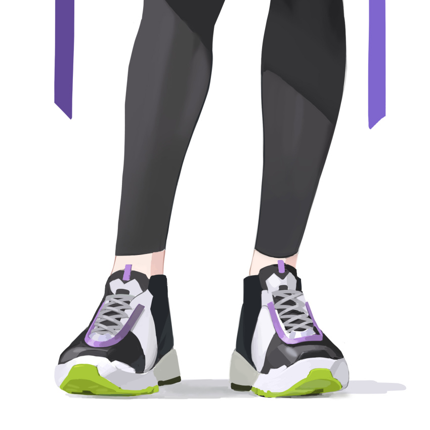 1girl black_leggings blue_archive chinese_commentary close-up commentary cross-laced_footwear facing_viewer footwear_focus highres leggings legs making-of_available shadow shoelaces shoes simple_background sneakers solo sumire_(blue_archive) white_background