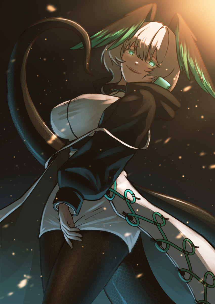 1girl arknights black_feathers black_pantyhose black_wings breasts cipher4109 coat dress feathered_wings feathers glowing glowing_eyes green_eyes green_feathers green_wings grey_hair hair_between_eyes head_wings highres ho'olheyak_(arknights) infection_monitor_(arknights) large_breasts long_coat long_sleeves long_tail looking_at_viewer medium_hair open_clothes open_coat open_mouth pantyhose pencil_dress smile snake_tail solo tail two-tone_wings wings