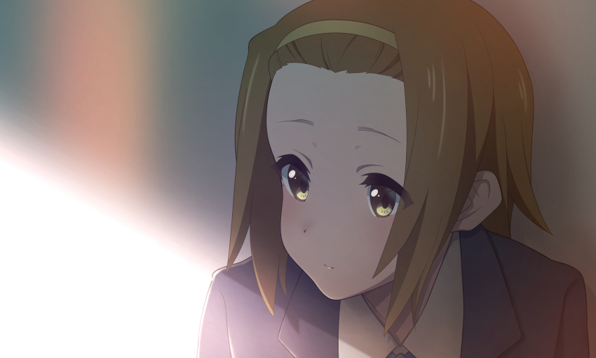 1girl 46_crt absurdres blazer brown_eyes brown_hair closed_mouth collared_shirt commentary_request forehead hairband highres jacket k-on! portrait sakuragaoka_high_school_uniform school_uniform shirt short_hair solo tainaka_ritsu white_shirt yellow_hairband