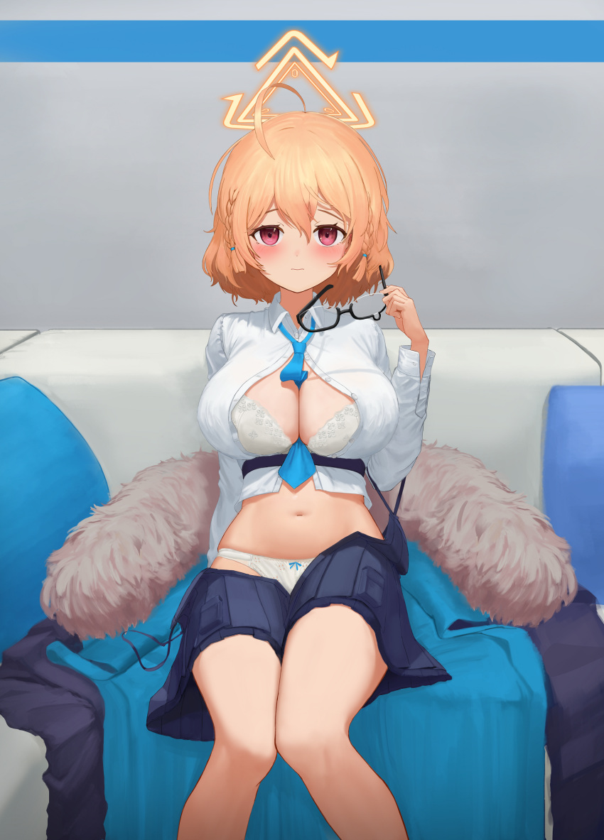 1girl ahoge between_breasts black-framed_eyewear blonde_hair blue_archive blue_necktie blue_skirt blush bra braid breasts closed_mouth collared_shirt commentary couch eyewear_removed feet_out_of_frame fur-trimmed_jacket fur_trim glasses hair_between_eyes halo highres holding holding_eyewear indoors jacket knees_together_feet_apart kotori_(blue_archive) large_breasts long_sleeves looking_at_viewer navel necktie necktie_between_breasts on_couch panties partially_unbuttoned pleated_skirt red_eyes semi-rimless_eyewear shirt short_hair sitting skirt solo stomach suspender_skirt suspenders teardrop-framed_glasses under-rim_eyewear underwear white_bra white_panties white_shirt whoning1 yellow_halo