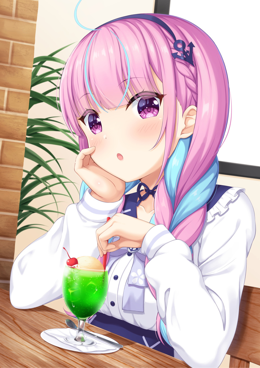 1girl 7fuji_06 absurdres ahoge anchor_hair_ornament blue_hair blush braid chair cherry choker cup drinking_glass drinking_straw elbow_rest food frilled_sailor_collar frills fruit hair_ornament hairband hand_on_own_cheek hand_on_own_face head_rest highres holding holding_drinking_straw hololive ice_cream ice_cream_float indoors long_hair long_sleeves looking_at_viewer minato_aqua multicolored_hair neck_ribbon open_mouth pink_hair plant plate purple_eyes restaurant ribbon ribbon_choker sailor_collar sitting soda solo spoon twin_braids two-tone_hair upper_body virtual_youtuber