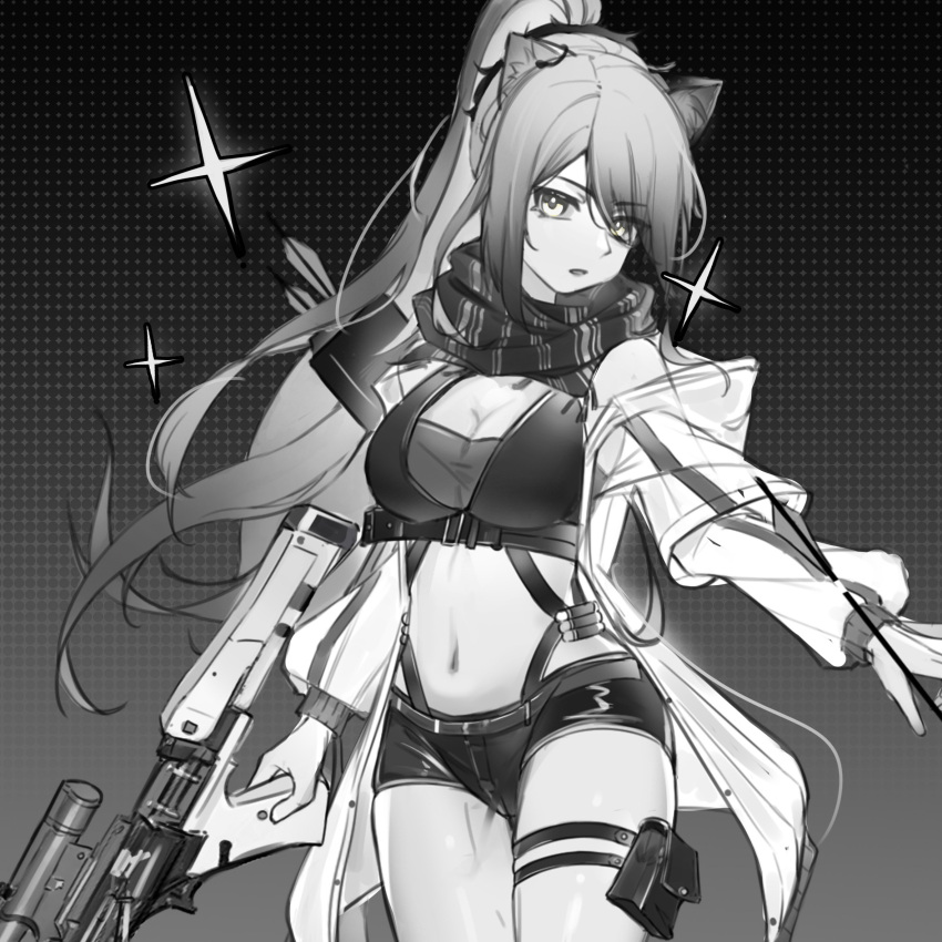 1girl animal_ears arknights bare_shoulders breasts cat_ears cat_girl cleavage commentary_request crop_top crossbow fuyoyoyoyoshengwu greyscale highres holding holding_crossbow holding_weapon jacket large_breasts long_hair long_sleeves looking_at_viewer midriff monochrome navel off_shoulder open_clothes open_jacket parted_lips ponytail pouch scarf schwarz_(arknights) short_shorts shorts solo stomach thigh_strap thighs very_long_hair weapon