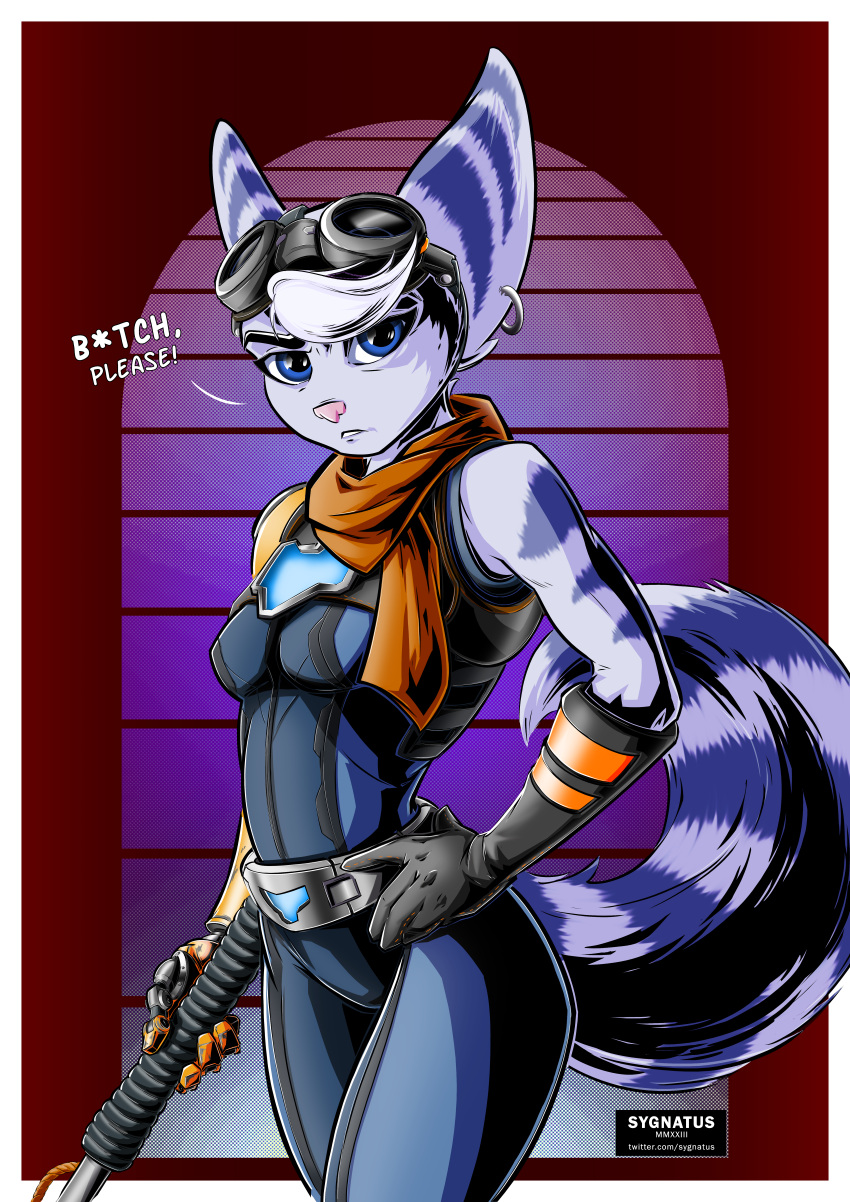 absurd_res anthro bangs belt blue_eyes boots clothed clothing collaboration ear_piercing ear_ring eyewear eyewear_on_head female fluffy fluffy_tail footwear fur gloves goggles hammer handwear hi_res lombax looking_at_viewer mammal open_mouth piercing ratchet_and_clank ring_piercing rivet_(ratchet_and_clank) scarf sledgehammer solo sony_corporation sony_interactive_entertainment stripes sygnatus tail tail_tuft tools tuft