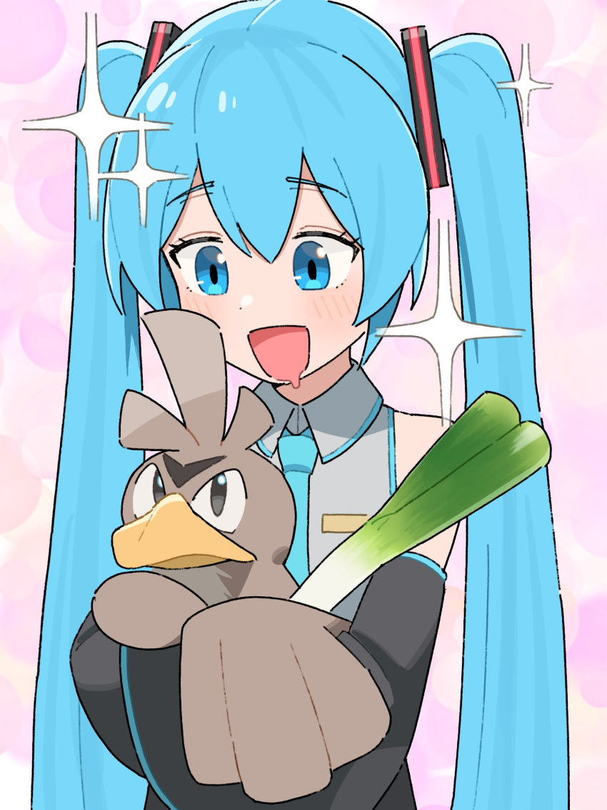 :d aqua_eyes aqua_hair aqua_necktie brown_eyes cowboy_shot crossover detached_sleeves drooling farfetch'd hatsune_miku highres holding holding_pokemon long_hair looking_at_another looking_down mouth_drool necktie okepi pink_background pokemon pokemon_(creature) shirt sleeveless sleeveless_shirt smile sparkle spring_onion twintails very_long_hair vocaloid wing_collar