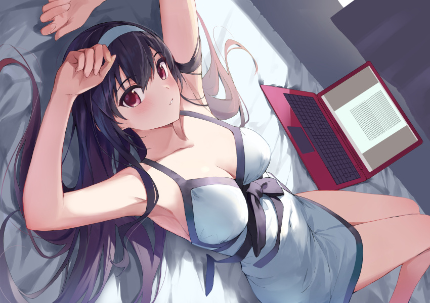 1girl absurdres black_hair breasts computer dress hairband highres kasumigaoka_utaha laptop large_breasts long_hair nightgown parted_lips red_eyes saenai_heroine_no_sodatekata solo white_dress white_hairband yanagi_marie