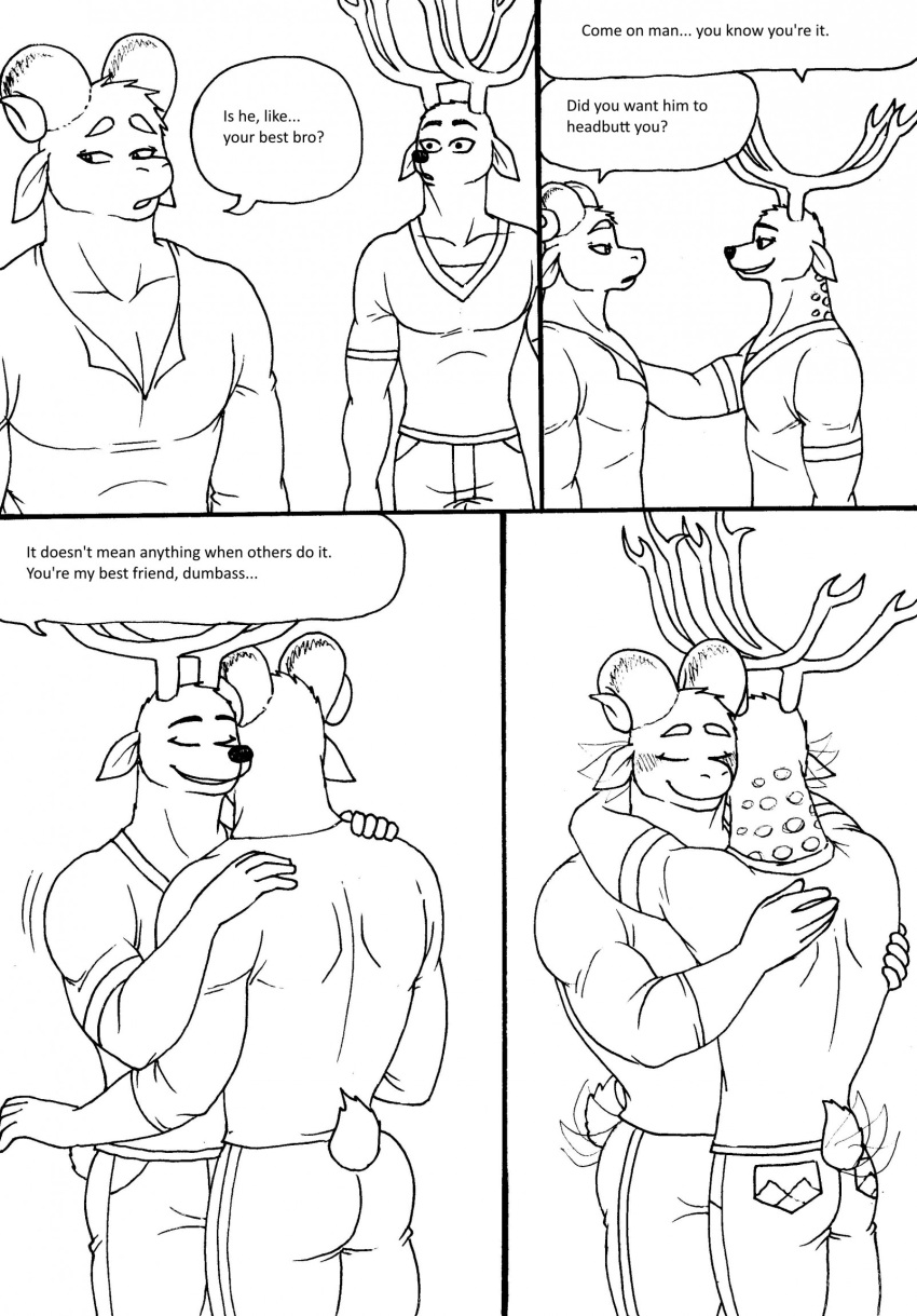 2023 5_fingers anthro anthro_on_anthro antlers bernielover bernielover's_college_au blush bovid caprine clothed clothing comic deer devon_(bernielover) dialogue duo embrace english_text fingers fur hi_res horn hug humanoid_hands male male/male mammal monochrome muscular muscular_anthro muscular_male shirt smile speech_bubble spots spotted_body spotted_fur tail tail_motion tailwag text topwear whitney_(bernielover)