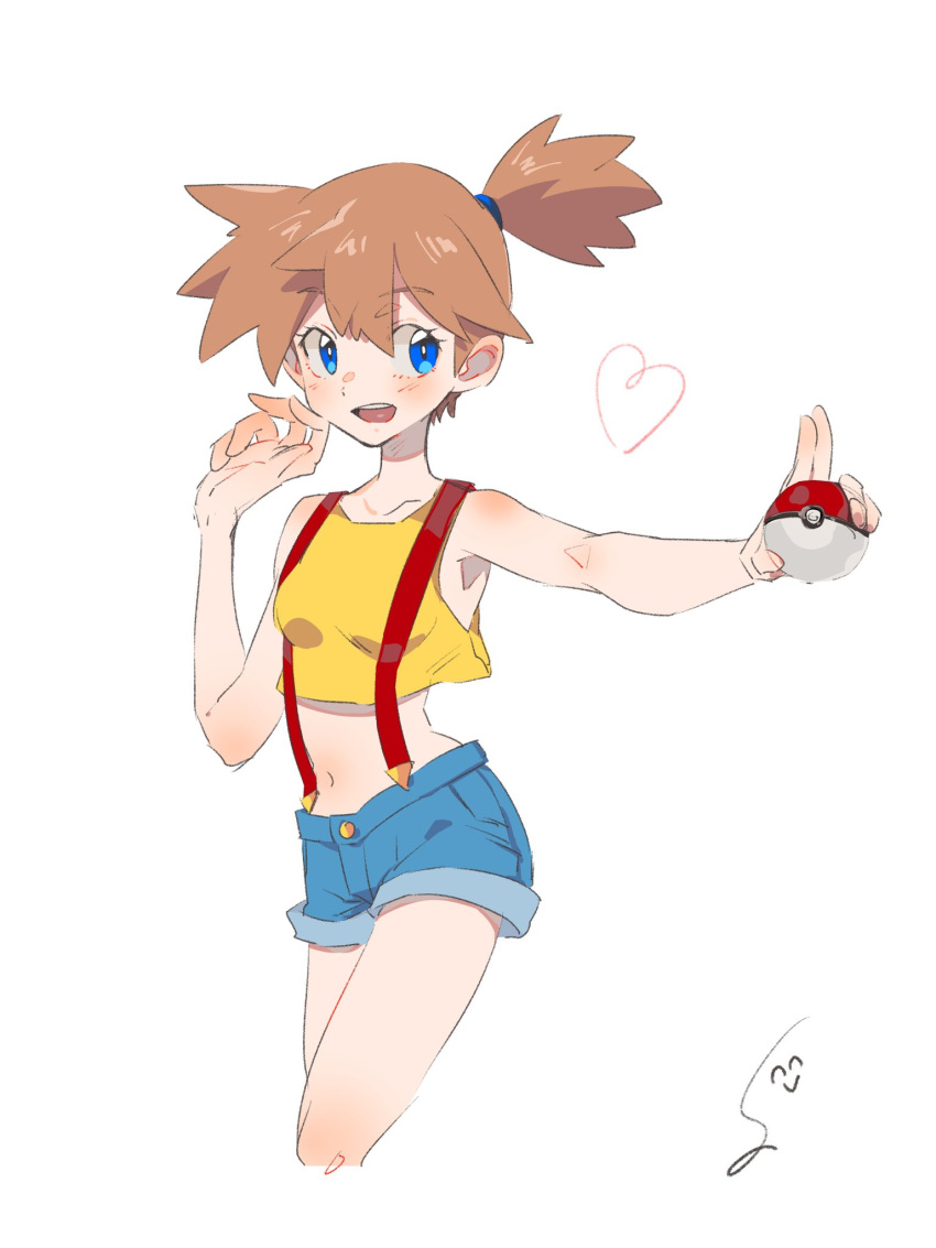 1girl :d blue_eyes breasts commentary_request cropped_legs denim denim_shorts highres holding holding_poke_ball misty_(pokemon) navel open_mouth orange_hair poke_ball pokemon pokemon_(anime) pokemon_(classic_anime) shirt short_hair shorts side_ponytail smile solo sumomo suspender_shorts suspenders tank_top yellow_shirt yellow_tank_top