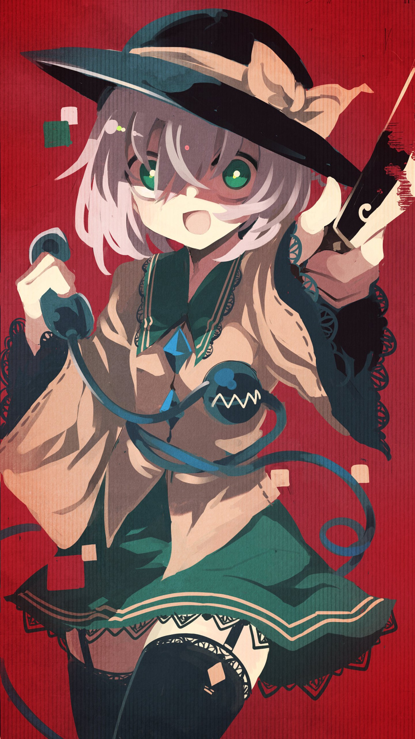 1girl :d absurdres black_headwear black_thighhighs blood blood_on_knife bow bright_pupils commentary_request fuukadia_(narcolepsy) garter_straps green_eyes green_skirt grey_hair hair_between_eyes hat hat_bow highres holding holding_knife holding_phone knife komeiji_koishi long_sleeves looking_at_viewer open_mouth phone red_background short_hair simple_background skirt smile solo thighhighs touhou white_pupils wide_sleeves yellow_bow