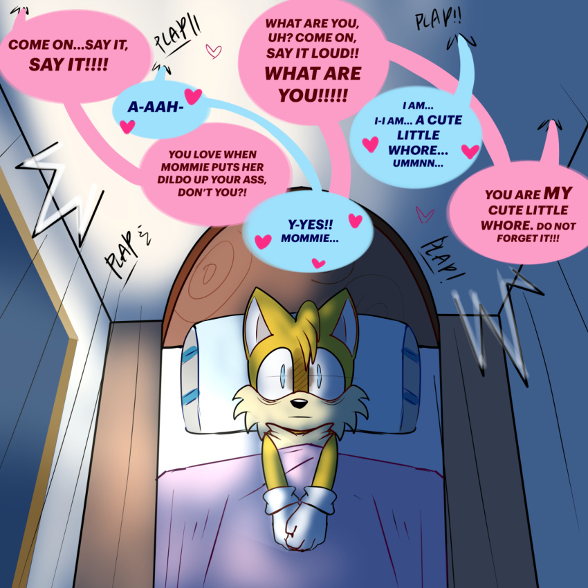 &lt;3 anthro bed bed_sheet bedding degradation dialogue dirty_talk eavesdropping english_text furniture hi_res male miles_prower momma night offscreen_sex pillow sega solo sonic_the_hedgehog_(series) speech_bubble staring_up text vacant_eyes young