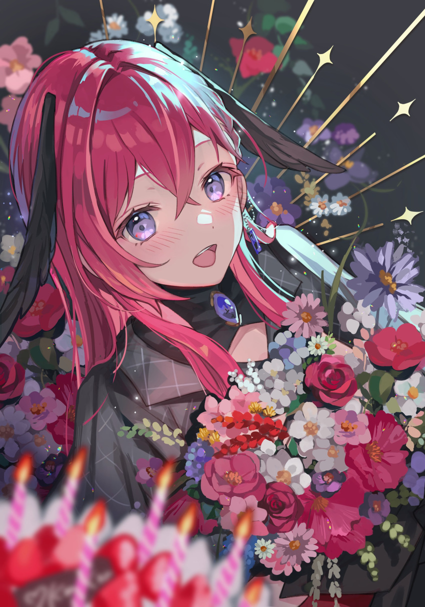 1girl absurdres black_wings blue_gemstone blurry blurry_foreground blush bouquet cake candle commentary crossed_bangs depth_of_field earrings flower food fruit gem head_wings highres holding holding_bouquet jacket jewelry konkon_aria konkon_aria_(artist) long_hair looking_at_viewer neo-porte pendant_choker pink_hair plaid plaid_jacket purple_flower red_flower red_rose rose self-portrait sidelocks smile solo strawberry sunburst teeth upper_body upper_teeth_only virtual_youtuber white_flower wings