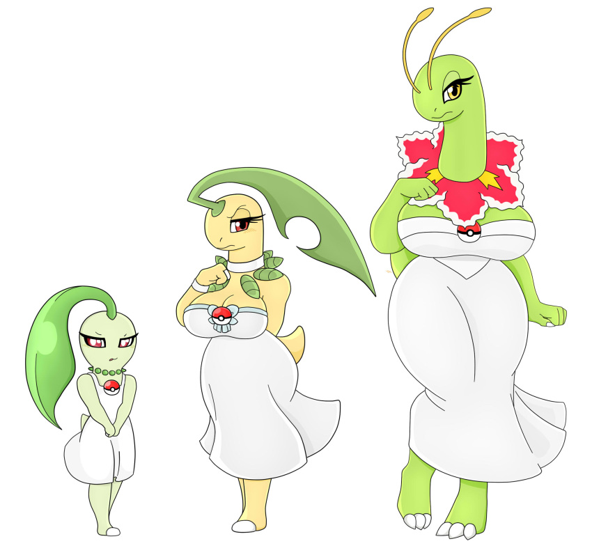 antennae_(anatomy) anthro armwear bayleef big_breasts breasts chikorita clothed clothing collar dress female generation_2_pokemon green_body group hi_res leaf meganium nintendo petals pokeball pokemon pokemon_(species) red_eyes simple_background trio urusee584 white_background yellow_body yellow_eyes