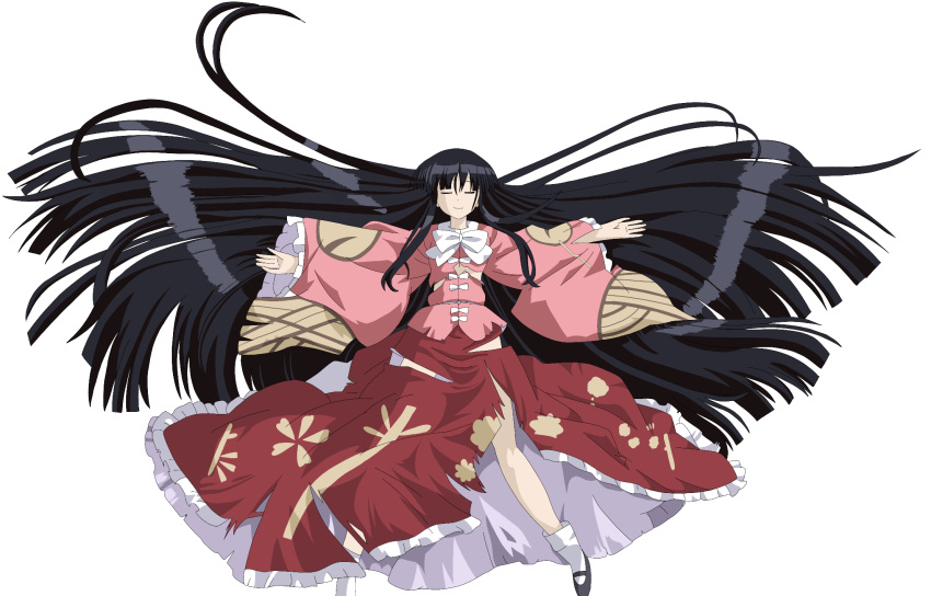 absurdly_long_hair black_hair closed_eyes highres hime_cut houraisan_kaguya japanese_clothes long_hair long_sleeves lying non-web_source puffy_long_sleeves puffy_sleeves resting touhou very_long_hair