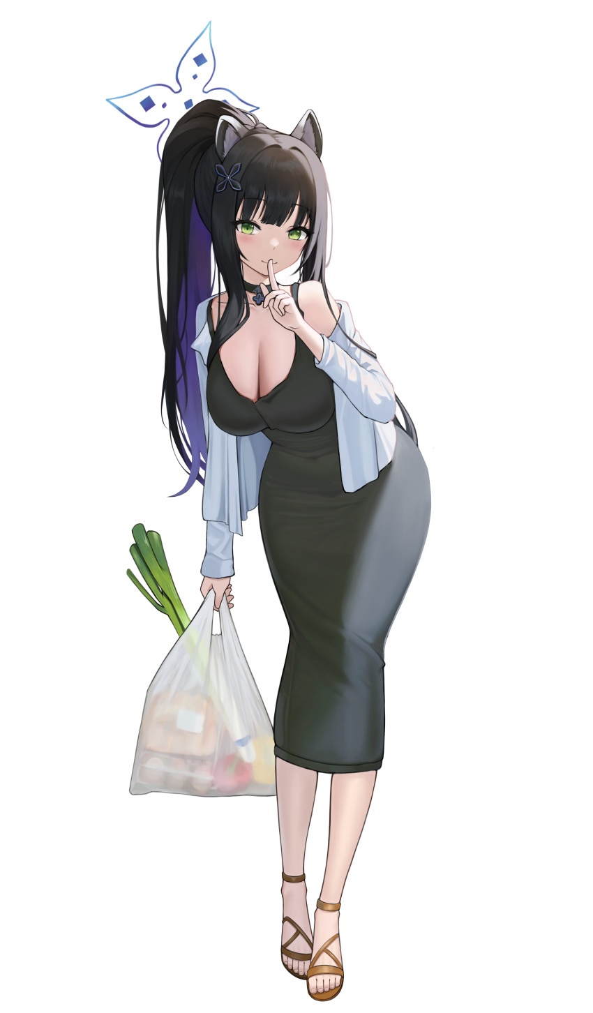 $hu 1girl absurdres alternate_costume animal_ear_fluff animal_ears bag black_choker black_dress black_hair blue_archive breasts brown_footwear cat_ears choker cleavage closed_mouth colored_inner_hair commentary dress egg_carton feet finger_to_mouth full_body green_eyes grocery_bag hair_ornament halo highres holding holding_bag jacket large_breasts light_blush light_smile long_hair long_sleeves multicolored_hair open_clothes open_jacket plastic_bag ponytail purple_hair shopping_bag shun_(blue_archive) sidelocks simple_background solo spring_onion strappy_heels toes two-tone_hair white_background white_jacket
