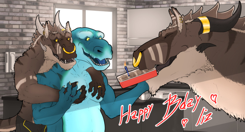 anthro bald birthday birthday_cake blue_body body_pattern brown_body brown_fur cake candle clothed clothing countershade_torso countershading cuddling dessert digital_media_(artwork) dragomar dragon drake1dragon drake_terrys embrace facial_piercing facial_spikes felkin feral floof_(character) food fur furred_dragon group hair horn horn_jewelry horn_ring hug hugging_from_behind inner_ear_fluff jewelry kitchen lizard male muscular muscular_anthro muscular_male nose_piercing nose_ring open_mouth piercing reptile ring ring_(jewelry) ring_piercing scalie slightly_chubby smile spikes spikes_(anatomy) stripes surprise surprised_expression teeth text tiramisu_(food) trio tuft underwear yellow_eyes