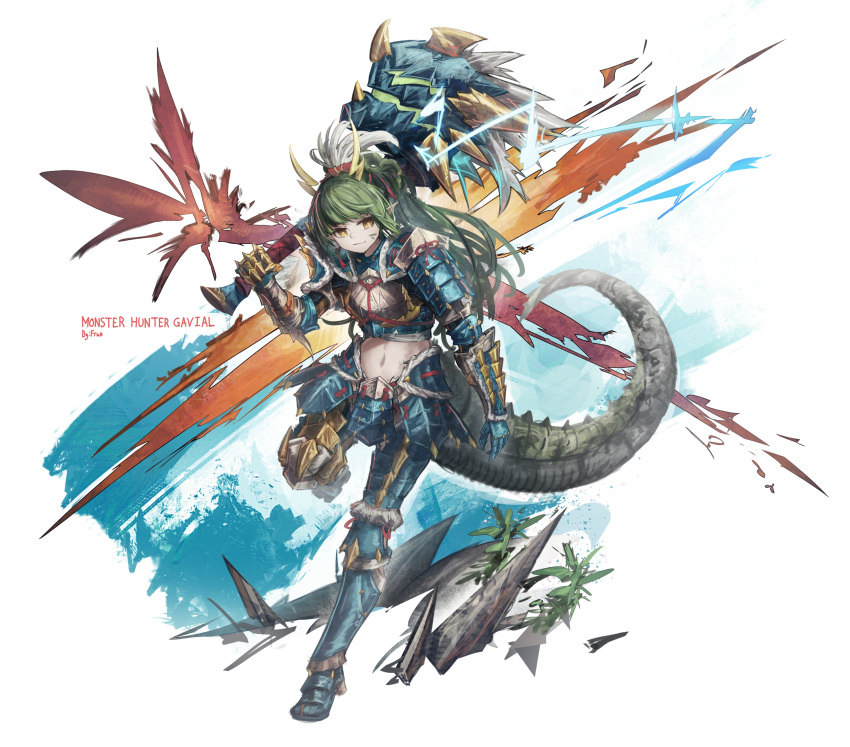 1girl absurdres alternate_costume arknights artist_name character_name copyright_name crocodilian_tail facial_mark franlol full_body gavial_(arknights) gavial_the_invincible_(arknights) grey_hair highres holding holding_weapon looking_at_viewer midriff monster_hunter_(series) multicolored_background pointy_ears solo tail weapon zinogre_(armor)
