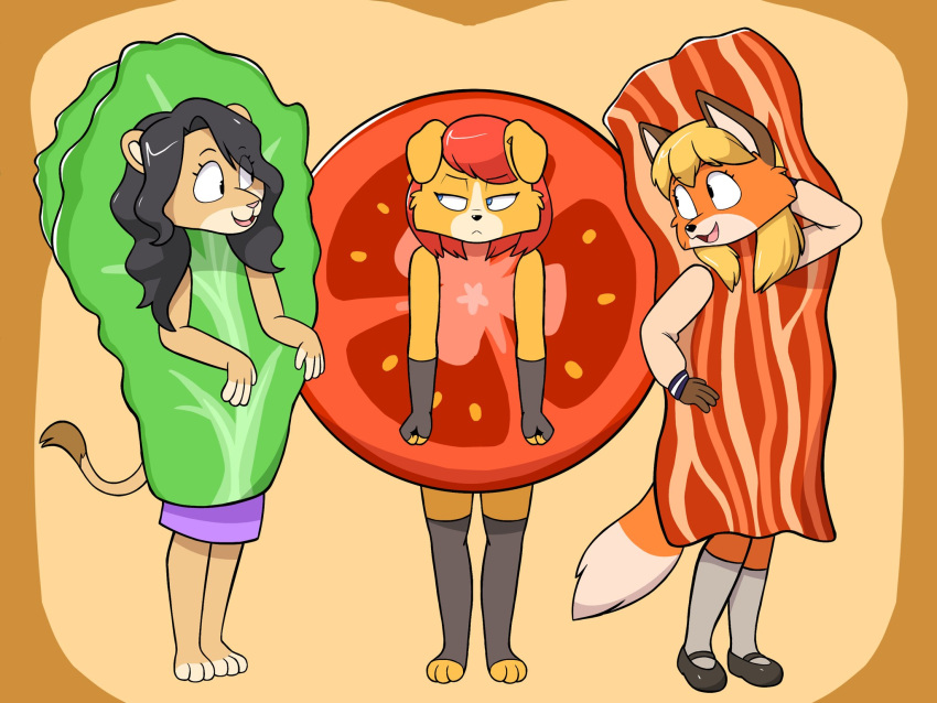 4:3 anthro bacon_costume canid canine canis domestic_dog felid female food_costume fox group hi_res lion mammal pantherine soaringhamster tomato_costume trio