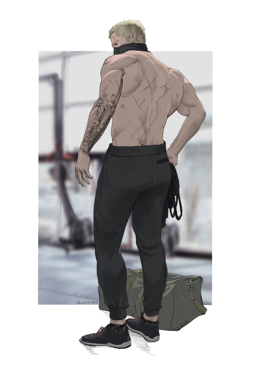 1boy arm_tattoo back bag bara black_pants blonde_hair call_of_duty call_of_duty:_modern_warfare_2 ghost_(modern_warfare_2) highres holding holding_mask jewelry journnen male_focus mask mouth_mask muscular muscular_male pants ring short_hair solo tattoo topless_male twitter_username