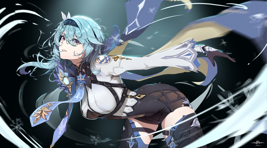 1girl absurdres artist_name bent_over black_background black_gloves black_hairband blue_cape blue_hair blue_necktie boots breasts cape chest_harness clothing_cutout cross-laced_clothes cross-laced_cutout eula_(genshin_impact) genshin_impact gloves hairband harness high-waist_shorts highres long_sleeves medium_breasts medium_hair necktie outstretched_arms parted_lips purple_eyes see-through_cleavage shorts shoulder_cutout solo spotlight thigh_boots vision_(genshin_impact) white_sleeves wide_sleeves y-z-h