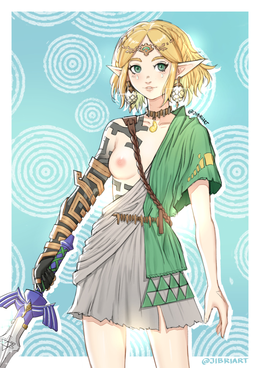 1girl absurdres archaic_set_(zelda) arms_at_sides asymmetrical_clothes black_skin blonde_hair border breasts collar colored_skin cosplay earrings fingernails green_eyes highres holding holding_sword holding_weapon jewelry jibri_art light_smile link link_(cosplay) lips looking_at_viewer master_sword medium_breasts medium_hair multicolored_skin nipples no_bra one_breast_out outside_border parted_lips pointy_ears princess_zelda solo sword the_legend_of_zelda the_legend_of_zelda:_tears_of_the_kingdom tunic twitter_username weapon white_border