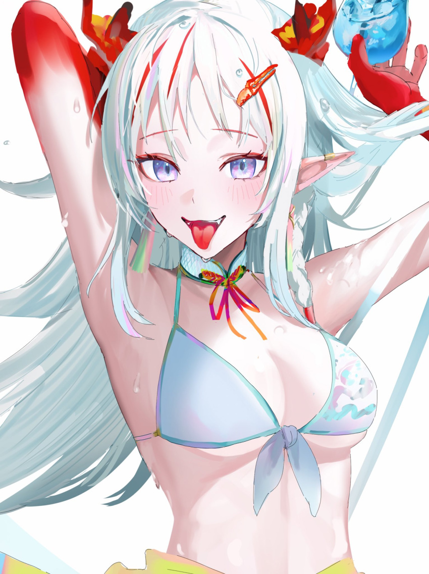 1girl arknights armpits arms_up bikini breasts colored_skin cup detached_collar dragon_horns front-tie_bikini_top front-tie_top gradient_skin grey_hair highres holding holding_cup horns long_hair looking_at_viewer medium_breasts midriff multicolored_hair nian_(arknights) open_mouth pointy_ears purple_eyes red_hair red_horns red_skin sankichi_(croquette_crab) sidelocks solo streaked_hair swimsuit tongue tongue_out wet white_bikini